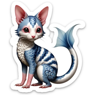 Hyper-realistic cute Japanese oriental Asian Edgy badass swimmy wet painted intricate ornate Japanese Asian koi-Minccino-Lykoi-Emolga-Sphynx-Linoone-Zangoose-fusion-hybrid-animal-Fakémon-creature, full body, thin long sleek scaly tail, intricate markings sticker