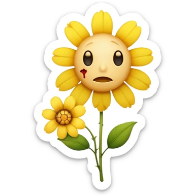 A yellow sad emoticon holding a rotten flower sticker