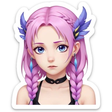 Gorgeous anime lady long-pale-pastel-pink-hair with one braid on each side, grumpy expression, purple-pink feather-ear-cuffs in hair, black bodysuit, blue eyes, pink iris, ethereal, fantasy, sticker