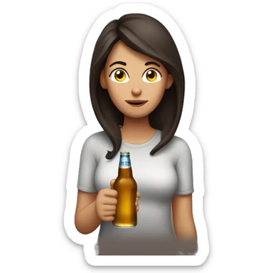 Exhausted woman with dark brown hair holding a beer bottle sticker