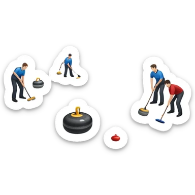 An icon showing a curling match on an indoor ice stadium, with a polished curling stone gliding toward the target and players sweeping. Spectators watch from stands, and flags hang above the rink. Transparent background highlights strategy and focus in the sport of curling. sticker