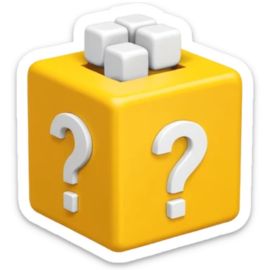  yellow cube shaped box stuffed with white question marker cubes sticker