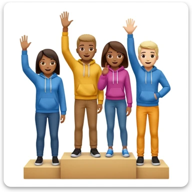 multi-racial men and women standing on a brown winners’ podium with the middle podium position elevated, no numbers, casually dressed in fun colorful jeans, t-shirts, and hoodies, one person giving a high five, excited fun expressive emoji style sticker