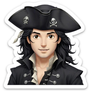 A charismatic pirate with wavy black hair tousled by the breeze. His silver-embroidered tricorn hat casts a shadow. He turns his head slightly, dark eyes glinting with mischief as he looks to the side, a knowing smile on his lips. His black coat, adorned with silver buttons, shifts with the wind sticker