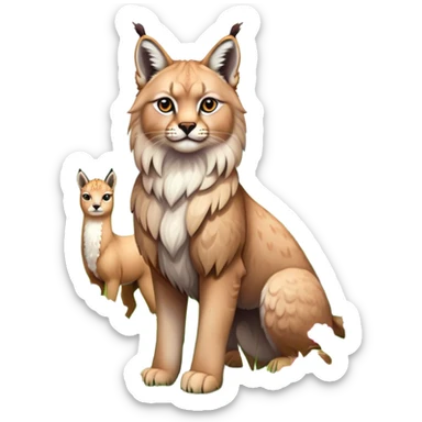 Collage of exotic animals: a lynx with striking eyes, and a fluffy alpaca standing in a lush meadow. The lynx gazes intently while the alpaca looks calm and curious. Surrounded by vibrant plants and flowers. Transparent background for a lively, colorful scene. sticker