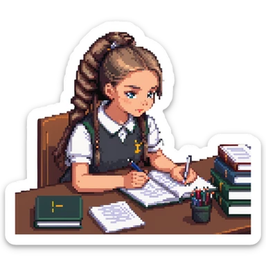 Girl with ponytail working on exam at desk with textbooks sticker