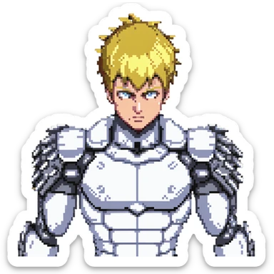 Genos from One Punch Man, android cyborg with spiky blond hair, metallic arms, intense eyes, compact and expressive, no text sticker