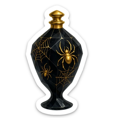 luxurious black crystal elixir bottle with lots of shine, facets, ornaments, decorated with spiders and spider webs, golden details, magical effects, very small golden neck, transparent background, beautiful merging base, clearly floating in the air, no base or shadow, premium class impression, design matching a collection of crystal, luxurious, magical bottles sticker