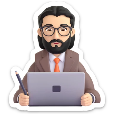 middle eastern businessman with medium length black beard, black hair, thick unibrow, elongated nose, tan skin, brown eyes, glasses, in business casual outfit, working on a notebook computer sticker
