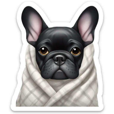 A black and white French bulldog wrapped in a plaid and surrounded by delicate pink hearts sticker