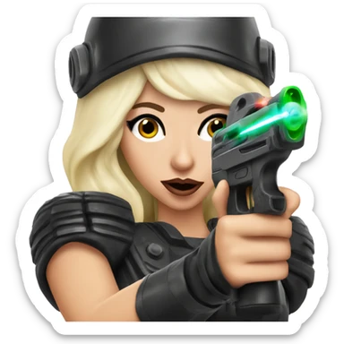 Lady Gaga holding a laser tag gun pointed at the screen sticker