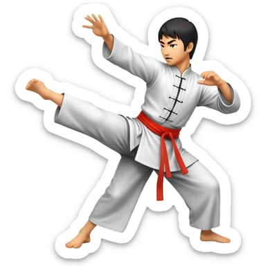 Cinematic Realistic Kung Fu Action Emoji, depicted as an epic martial arts scene with a master executing a precise move in traditional attire, rendered with fluid motion and vibrant textures under dramatic high-contrast lighting. sticker