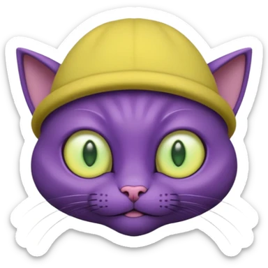 dark purple alien cat with no fur and yellow hat and big green eyes sticker