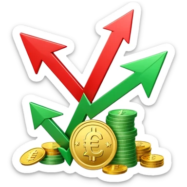 3D euro coins and banknotes stack, green upward arrow and red downward arrow, 
money flowing in and out, gold and silver coins, transparent background, 
emoji style, realistic, balanced composition sticker