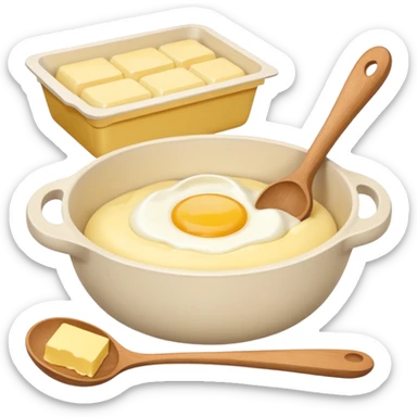 A cream ceramic baking bowl with a wooden spoon in it, a carton of eggs and butter sticker