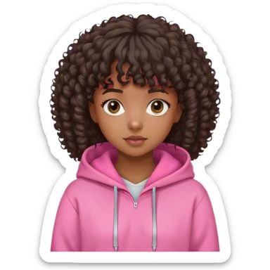 black girl with curly hair with bangs and side part with pink hoodie on  sticker