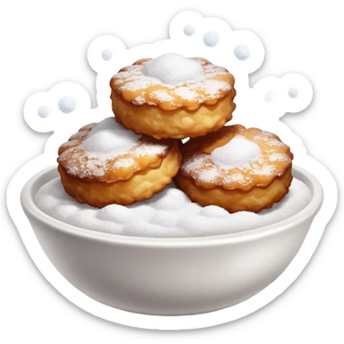 Buñuelo Cinematic Realistic Buñuelo Dessert Emoji, depicted as perfectly round, fluffy fritters served in a small bowl with a dusting of powdered sugar, rendered with vibrant textures and warm, inviting lighting. sticker