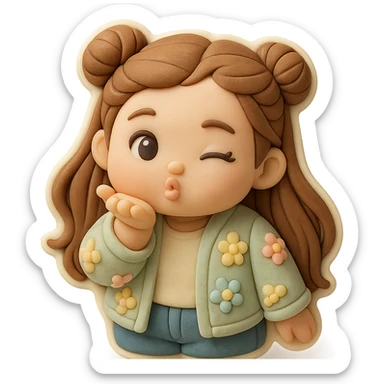 3D chibi fondant cake art style, high-quality rendering with smooth shadows and soft gradients. Girl based on reference image (preserve facial features), long brown hair in two space buns, brown eyes, jeans, pastel floral cardigan, thick white outline like a sticker, transparent background. Blowing a kiss and winking. Make sure her appearance matches previous stickers. sticker