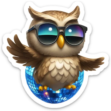 An owl in trendy sunglasses dancing under a disco ball, looking happy. sticker