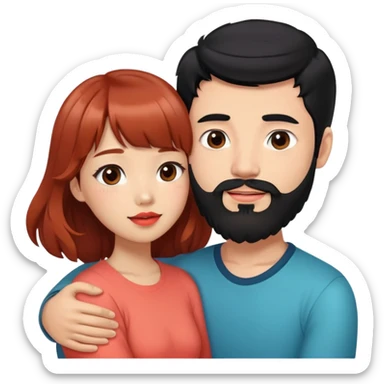 handsome mixed white asian man with black hair and beard, hugging cute tan skin girl with long wavy reddish brown hair with bangs and coral lipstick sticker