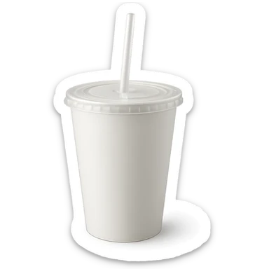 plain white soda cup with a plastic lid and straw, fast food style sticker