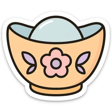 Chinese gold ingot (yuanbao) with floral pattern, thin clean contours, soft rounded shapes, pastel palette #98B5BC, #B5B3C1, #C9A3C9, #E4C0CA, #F7DCD1, #F7C0AA, detailed shadows and highlights, soft lighting, transparent background, Chinese eastern style, no surrounding decoration sticker