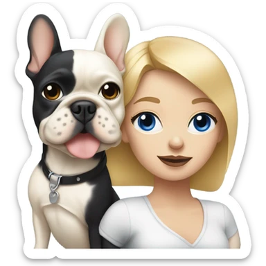 Honey blonde woman with blue eyes hugging a black and white french bulldog sticker