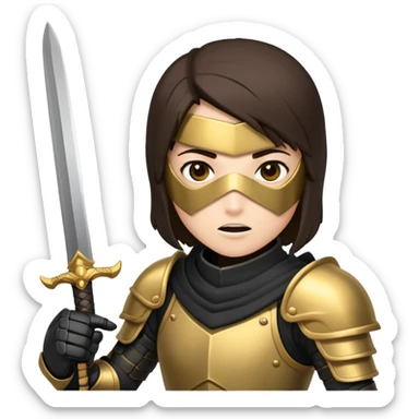 Brunette sword fighting assassin with a mouth cover and black and gold armour sticker