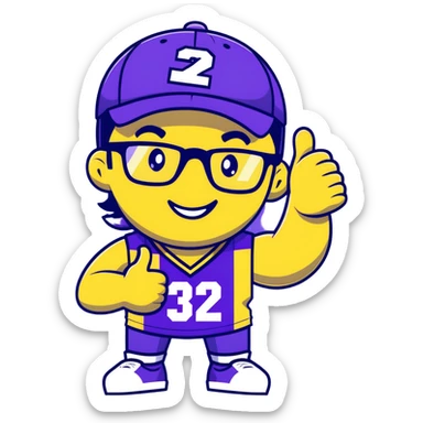 Man with black and white cap, purple sports jersey with number 32, glasses, mullet hairstyle, thumbs up gesture sticker