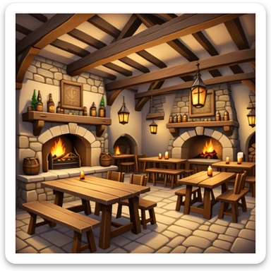 cozy medieval fantasy tavern with wooden beams, fireplace, and tables where adventurers gather sticker