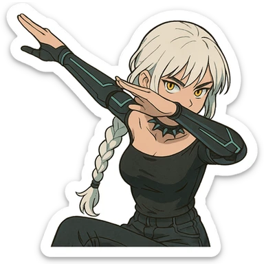 she is dabbing, a closeup portrait of young woman with gold yellow eyes, white hair, long braid, black off-shoulder top d-cup, punk gothic style, futuristic cyberwave cyberpunk, sitting position sticker