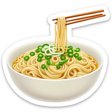 Shanghai Scallion Oil Noodles with green onion topping, simplified emoji style with bold outlines and bright colors, cartoon style simple Cong You Ban Mian sticker
