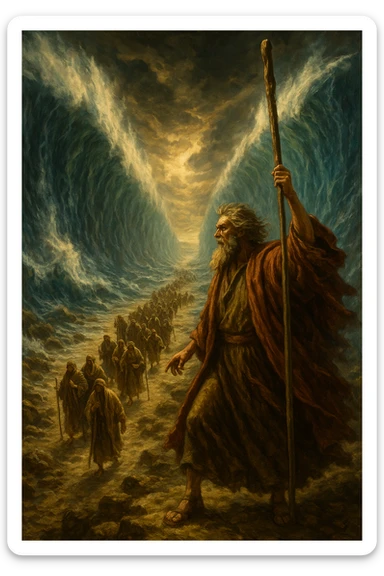 Moses with staff, Red Sea split in two, Israelites walking through, epic biblical illustration sticker