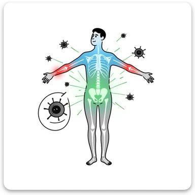 Conceptual medical illustration showing anti-inflammatory process: human body outline with glowing joints, blue and green healing energy radiating, red inflammation areas being neutralized, small view of calming immune cells, clean clinical aesthetic with futuristic medical background sticker