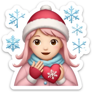 A kawaii Christmas emoji sticker, cozy winter vibes, soft colors, snowflakes, heart symbols, warm smile, cute and gentle style, festive and romantic.
 sticker