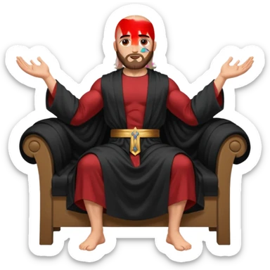 fullbody bald jesus christ jacked, sleeveless black robe sitting hands on armrests sticker