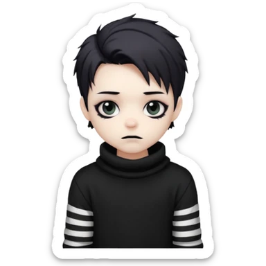 Goth boy, chibi style, oversized sweater, striped sleeves, cute sticker