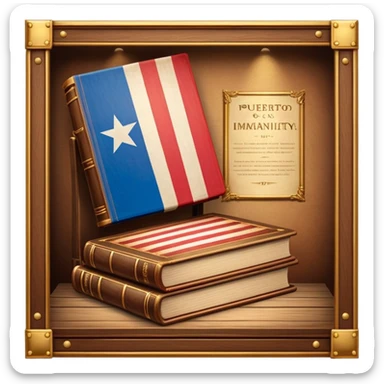 Historic book with theatre stage opening on cover, Puerto Rican flag visible on stage backdrop, wooden frame elements, glowing with warm light suggesting immortality of cultural heritage sticker
