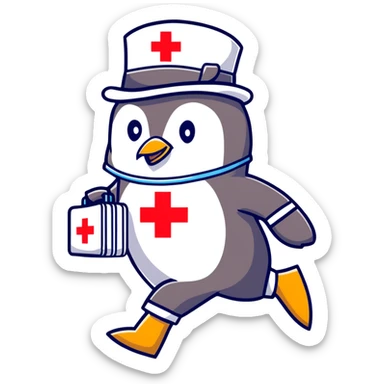side view of a doctor penguin running with a top hat holding a first aid medical box with a red cross sticker