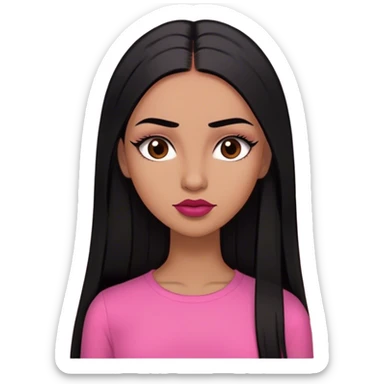 Woman,light brown skin,super long black straight hair, medium brown arched eyebrows, full lashes, red nude lips , pink shirt, small forehead  sticker