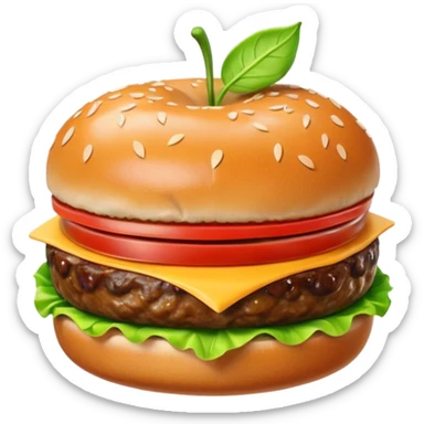 A classic single patty hamburger emoji, 3D Apple style, glossy and colorful. Soft rounded bun with sesame seeds, one beef patty, fresh lettuce, tomato slice, melted cheese, realistic but cartoonish look, clean white background sticker