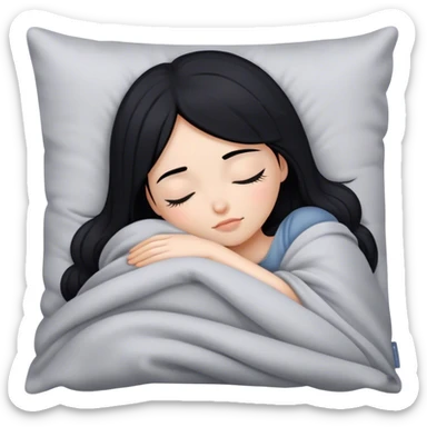 a girl with black hair sleeping on a gray pillow under a blanket  sticker