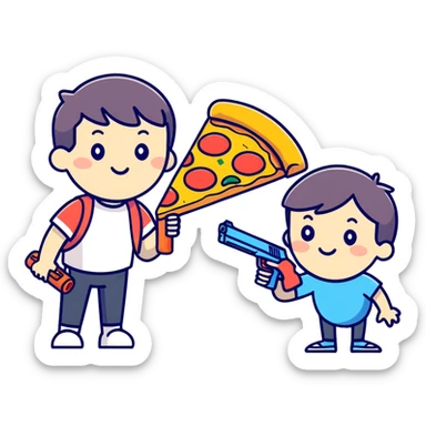 kids with water gun and pizza  sticker