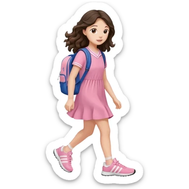 aestethic brunette very long wavy hair walking with a school backpack, with a cute pink dress, adidas shoes sticker