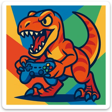 a gaming raptor, fierce dinosaur holding a game controller, dynamic pose, vibrant colors sticker