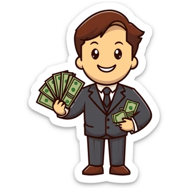 white male in a suit with money in his hand, smiling expression, happy face, brown hair sticker