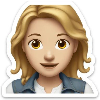 White girl with medium length light brown hair in denim jeans and white shirt smiles sticker