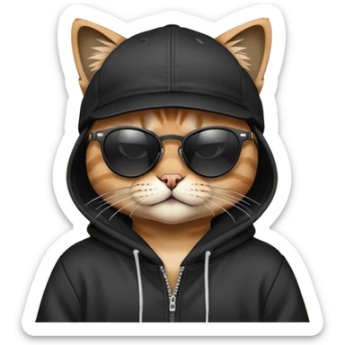 cat wearing a black snapback cap and black hoodie, with black sunglasses positioned low on his nose, looking directly at the viewer over the top of his sunglasses with a cool expression, doing graffiti with spray paint sticker