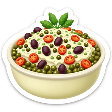 Salată de boeuf: a Romanian festive salad made with finely chopped boiled vegetables, pickles, peas, and beef or chicken, all mixed with mayonnaise and decorated with olives and pickles. sticker