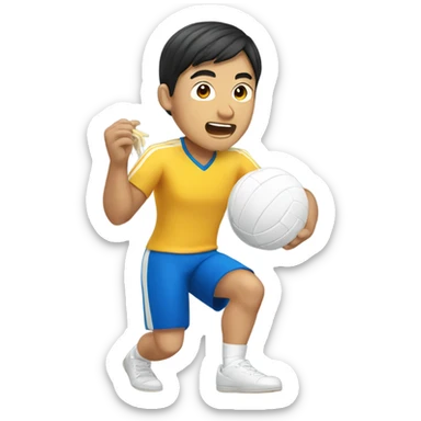 asian man playing volleyball and eating noodles sticker